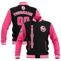 Chaquetas universitarias impermeables personalizadas en negro-rosa y blanco con nombre-número y logotipo bordados