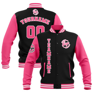 Chaquetas universitarias impermeables personalizadas en negro-rosa y blanco con nombre-número y logotipo bordados