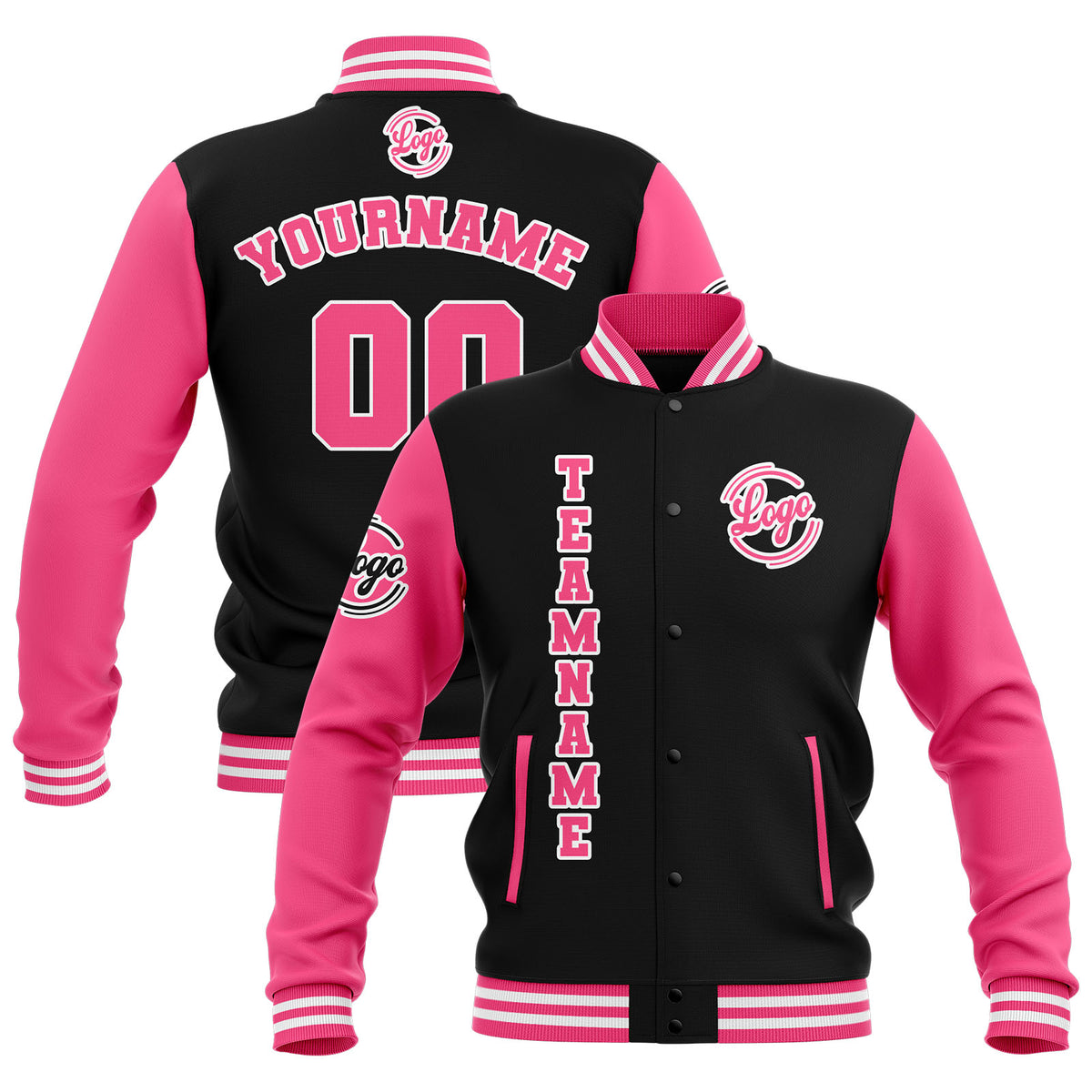 Chaquetas universitarias impermeables personalizadas en negro-rosa y blanco con nombre-número y logotipo bordados