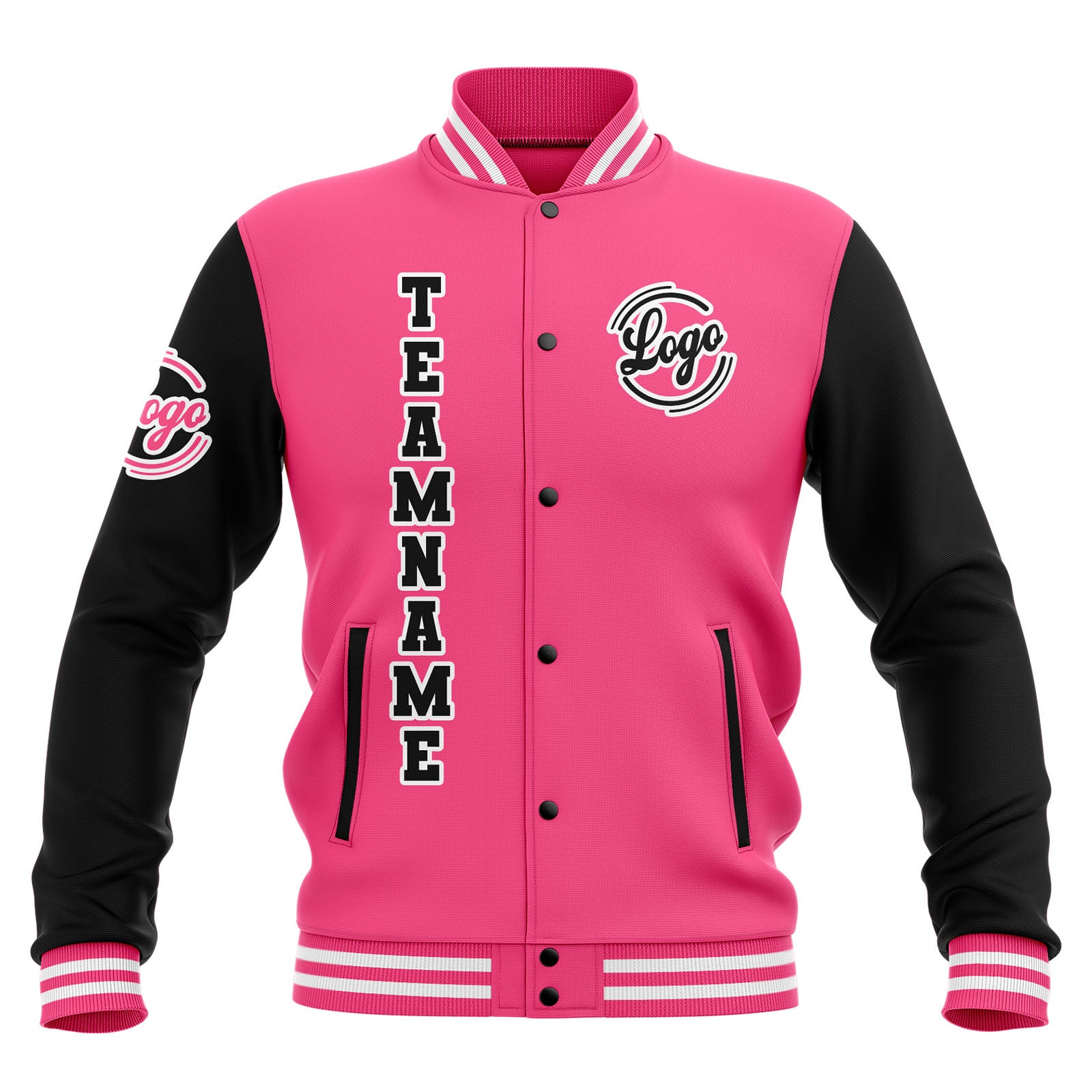 Chaquetas universitarias impermeables personalizadas en negro-rosa y blanco con nombre-número y logotipo bordados