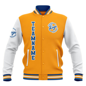 Chaquetas universitarias impermeables personalizadas en amarillo-blanco y azul con nombre-número y logotipo bordados