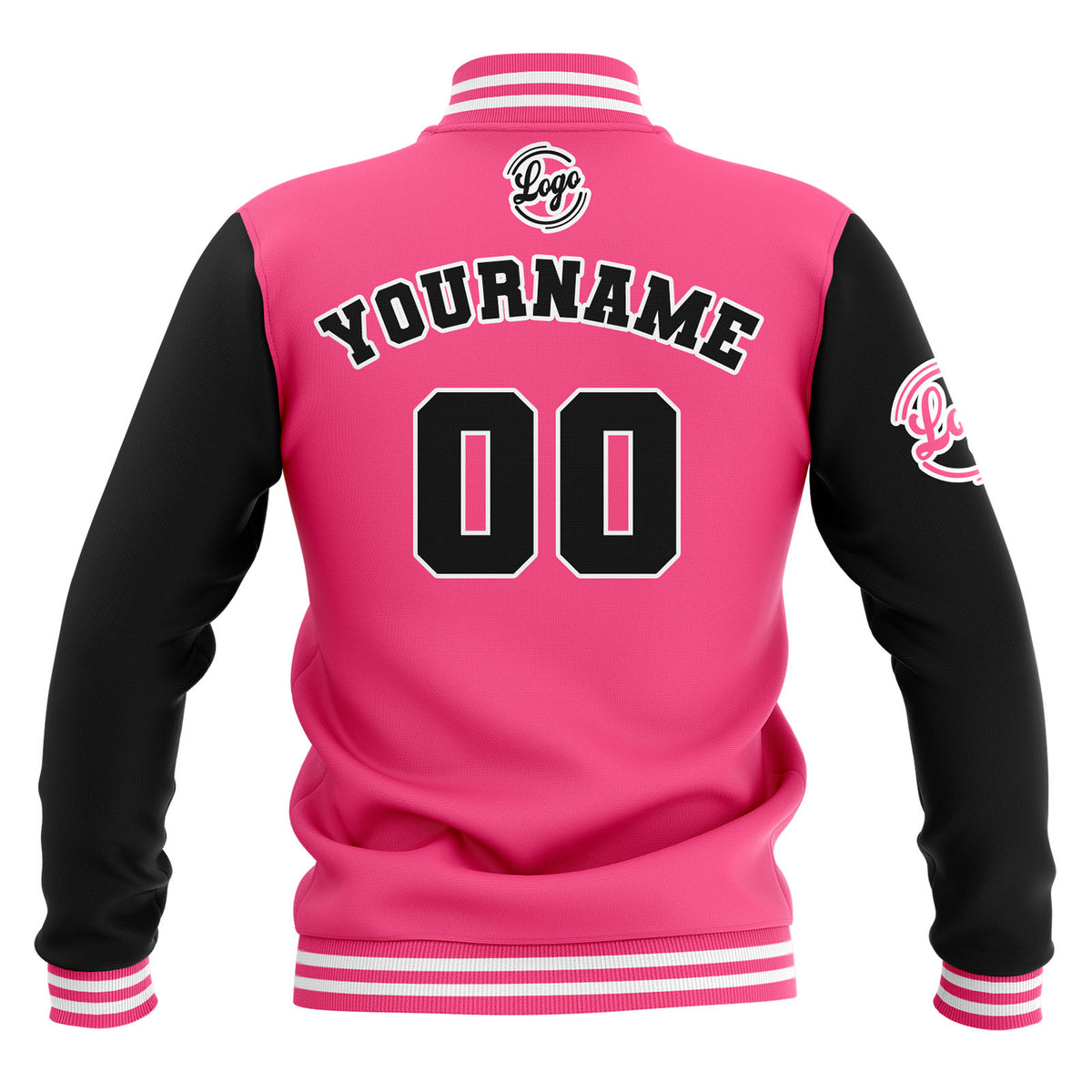 Chaquetas universitarias impermeables personalizadas en negro-rosa y blanco con nombre-número y logotipo bordados