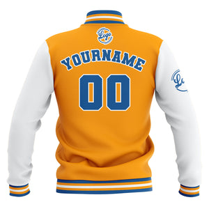 Chaquetas universitarias impermeables personalizadas en amarillo-blanco y azul con nombre-número y logotipo bordados