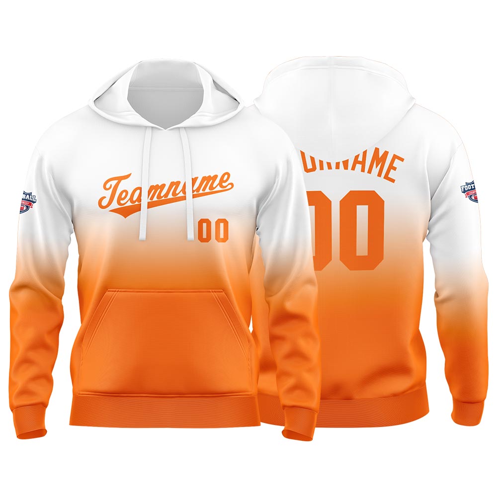 Sudadera con capucha personalizada con degradado para hombre-mujer-niña o niño Estampa tu logotipo-nombre o número en blanco y naranja