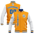 Chaquetas universitarias impermeables personalizadas en amarillo-blanco y azul con nombre-número y logotipo bordados