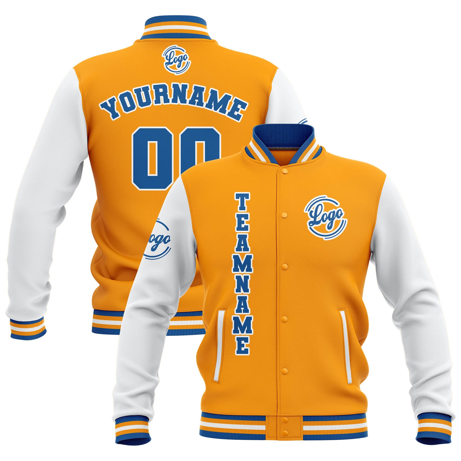 Chaquetas universitarias impermeables personalizadas en amarillo-blanco y azul con nombre-número y logotipo bordados