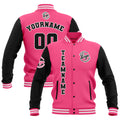 Chaquetas universitarias impermeables personalizadas en negro-rosa y blanco con nombre-número y logotipo bordados