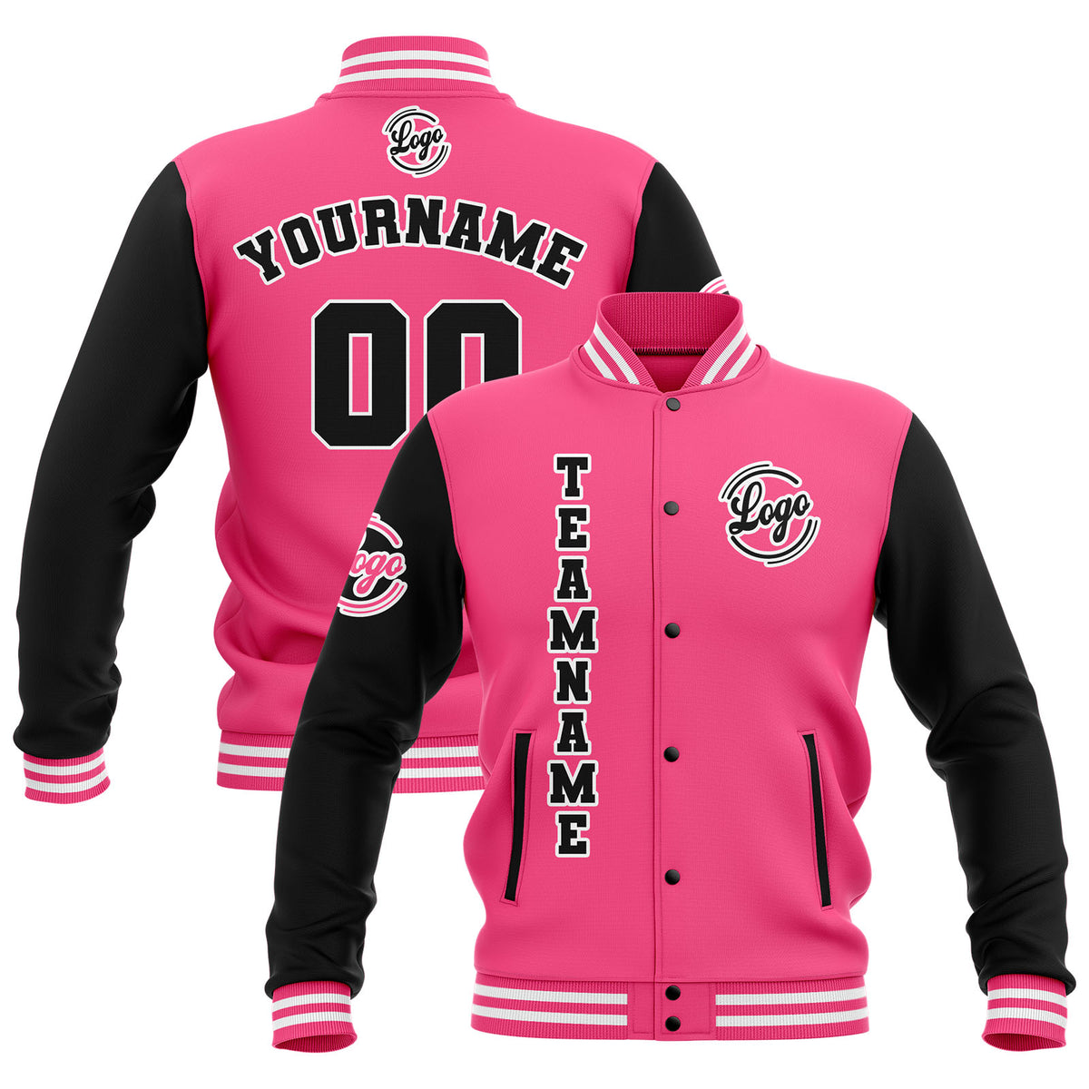 Chaquetas universitarias impermeables personalizadas en negro-rosa y blanco con nombre-número y logotipo bordados
