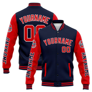 Chaqueta universitaria personalizada estilo Letterman para hombres-mujeres y jóvenes-color azul marino y rojo