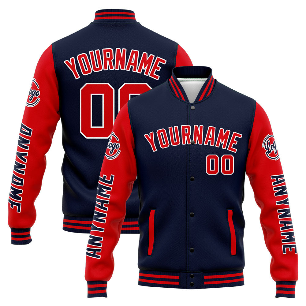 Chaqueta universitaria personalizada estilo Letterman para hombres-mujeres y jóvenes-color azul marino y rojo