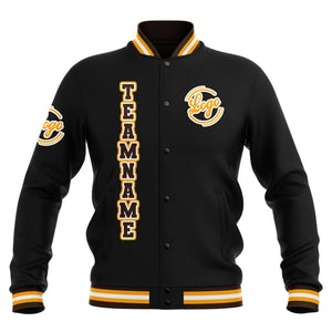 Chaquetas universitarias impermeables personalizadas en negro-marrón y amarillo con nombre-número y logotipo bordados
