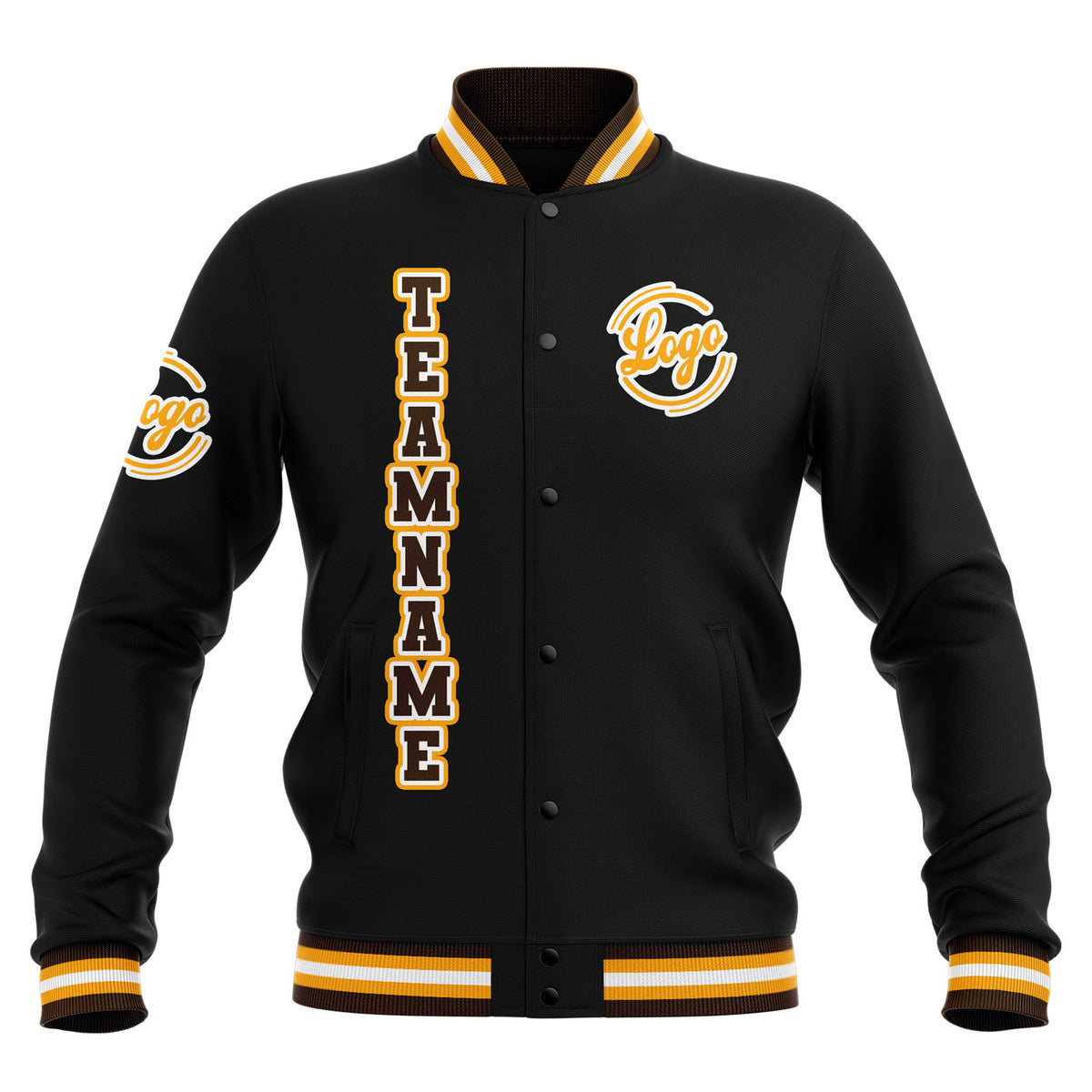 Chaquetas universitarias impermeables personalizadas en negro-marrón y amarillo con nombre-número y logotipo bordados