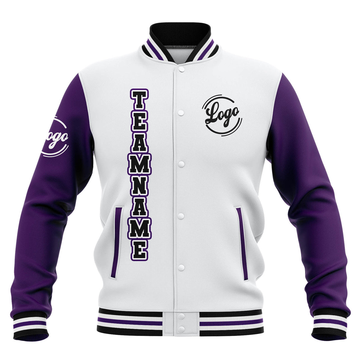 Chaquetas universitarias impermeables personalizadas en blanco-morado y negro con nombre-número y logotipo bordados