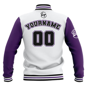 Chaquetas universitarias impermeables personalizadas en blanco-morado y negro con nombre-número y logotipo bordados