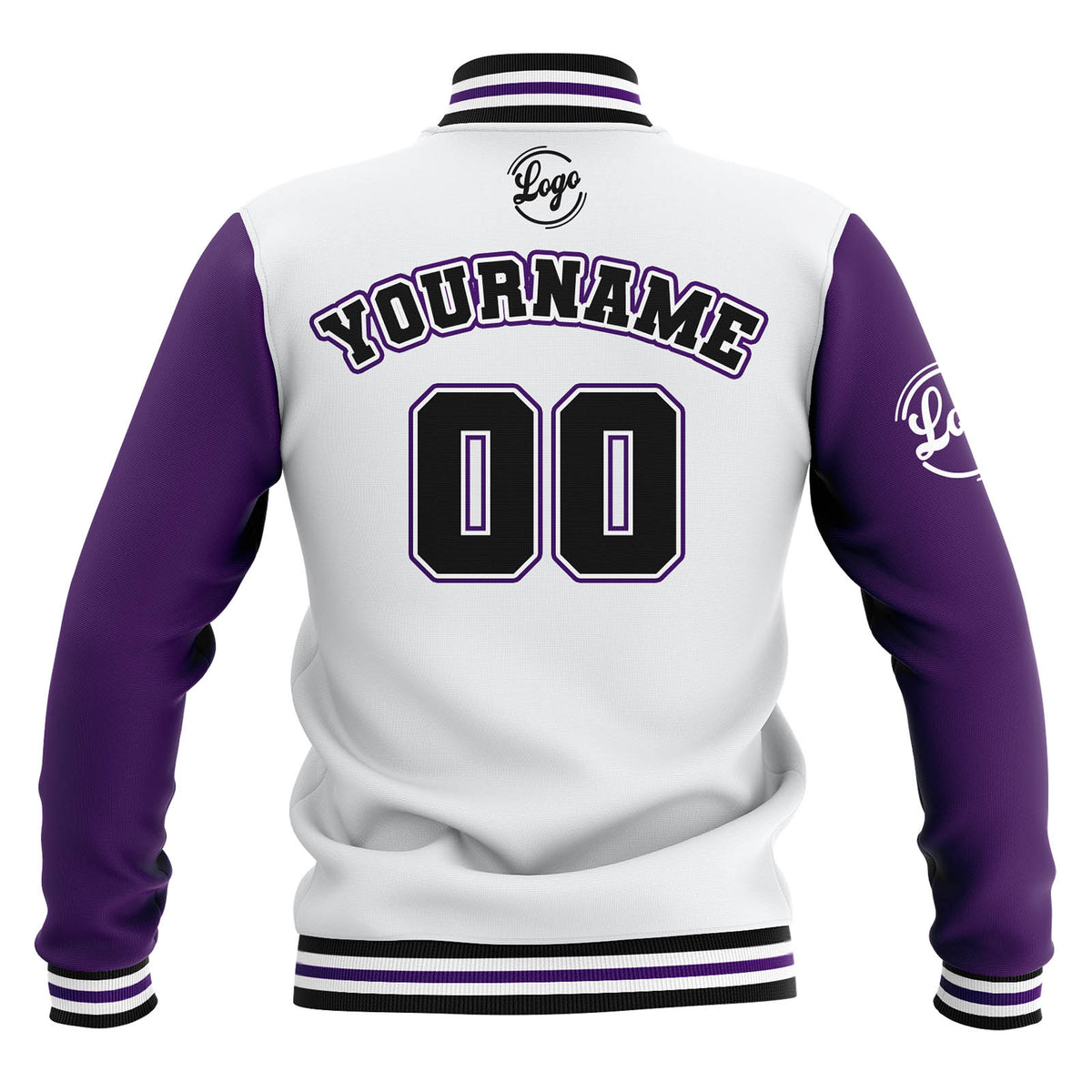 Chaquetas universitarias impermeables personalizadas en blanco-morado y negro con nombre-número y logotipo bordados