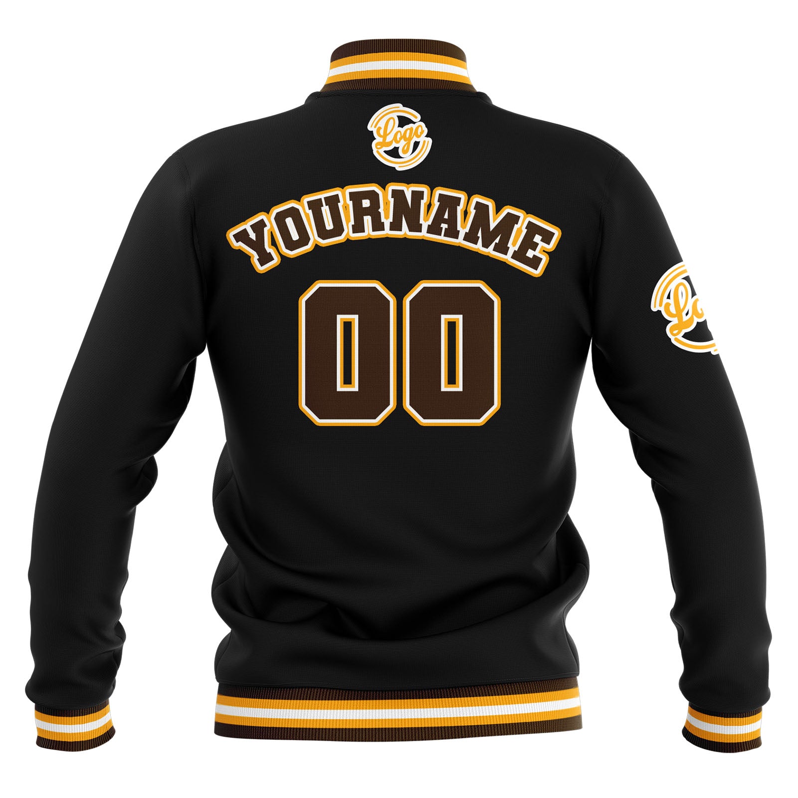 Chaquetas universitarias impermeables personalizadas en negro-marrón y amarillo con nombre-número y logotipo bordados