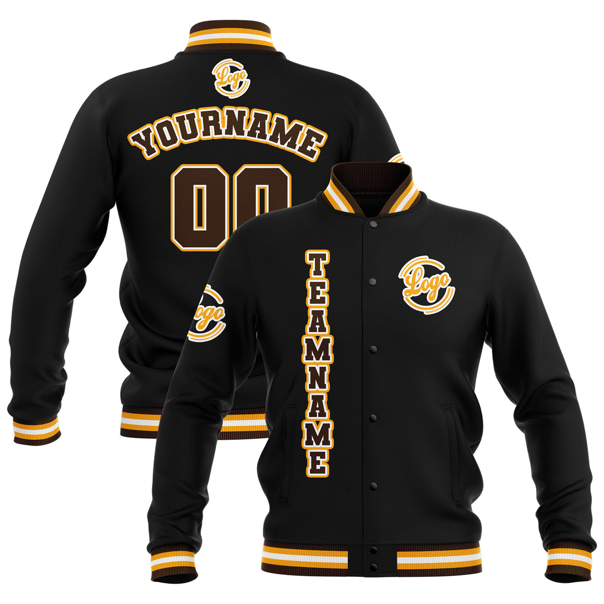 Chaquetas universitarias impermeables personalizadas en negro-marrón y amarillo con nombre-número y logotipo bordados