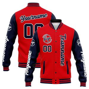 Chaqueta universitaria personalizada estilo Letterman para hombres-mujeres y jóvenes-color azul marino y rojo