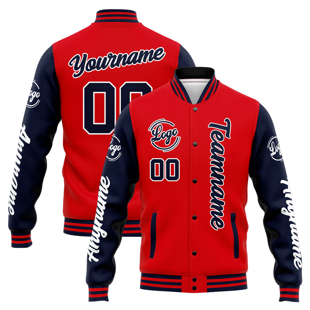 Chaqueta universitaria personalizada estilo Letterman para hombres-mujeres y jóvenes-color azul marino y rojo