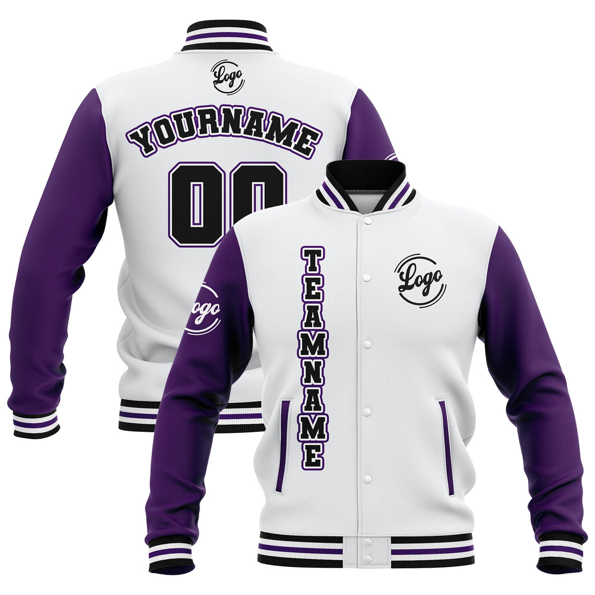 Chaquetas universitarias impermeables personalizadas en blanco-morado y negro con nombre-número y logotipo bordados
