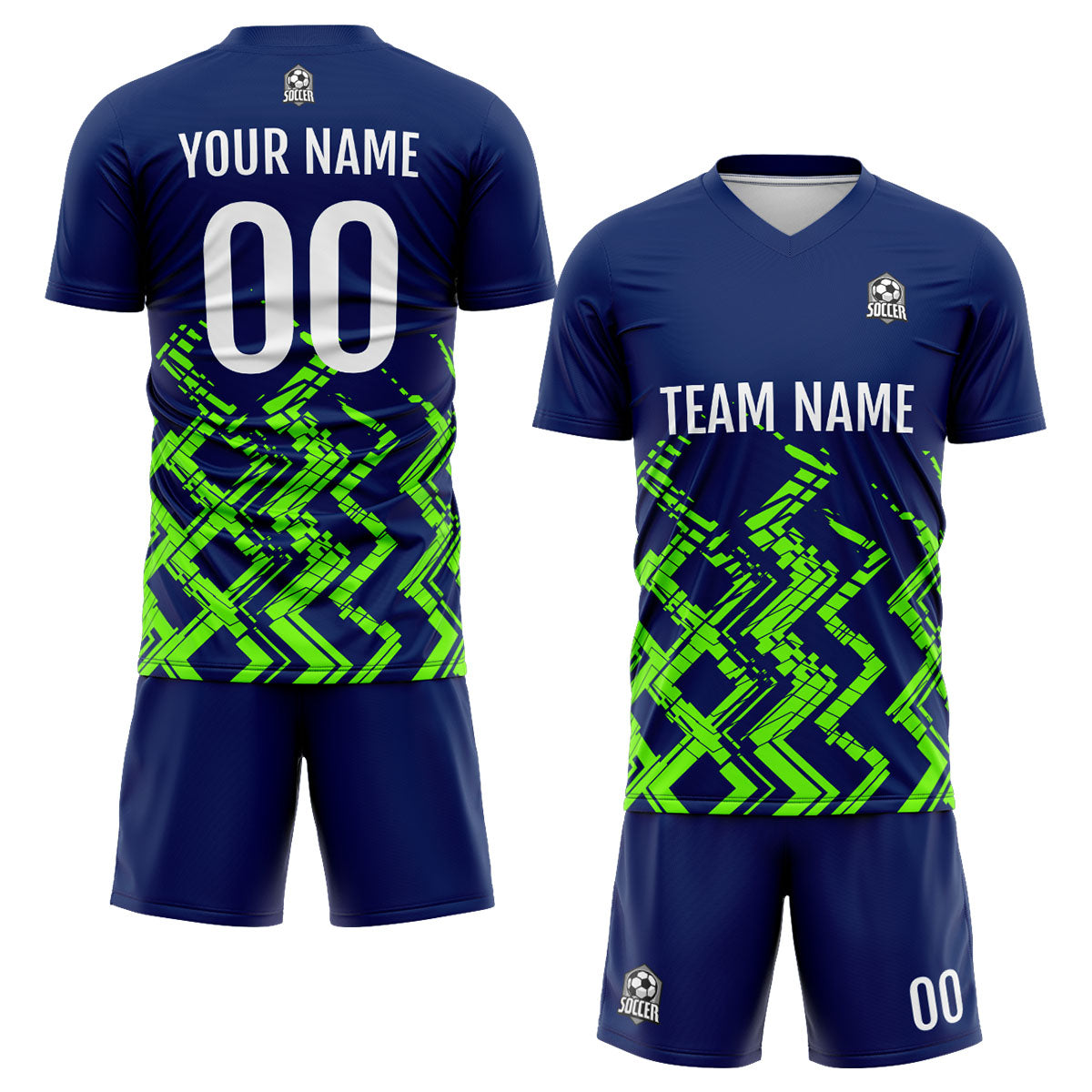 Conjunto personalizado de camiseta de uniforme azul marino y verde neón para niños y adultos