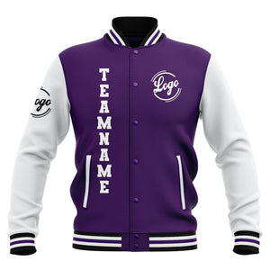 Chaquetas universitarias impermeables personalizadas en color morado-blanco y negro con nombre-número y logotipo bordados a medida