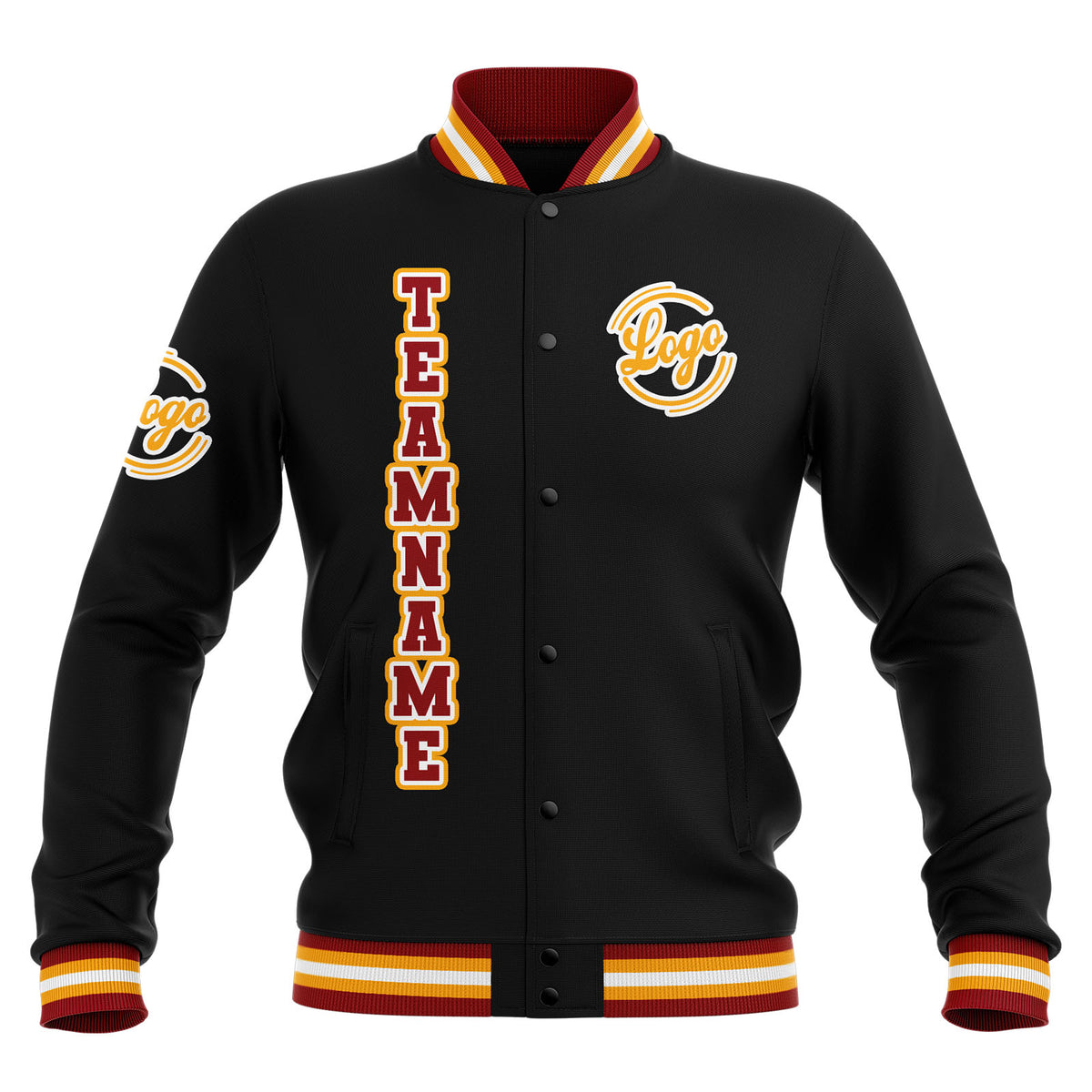 Chaquetas universitarias impermeables personalizadas en negro-rojo y amarillo con nombre-número y logotipo bordados