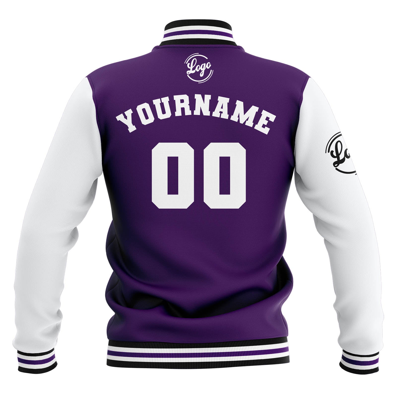 Chaquetas universitarias impermeables personalizadas en color morado-blanco y negro con nombre-número y logotipo bordados a medida