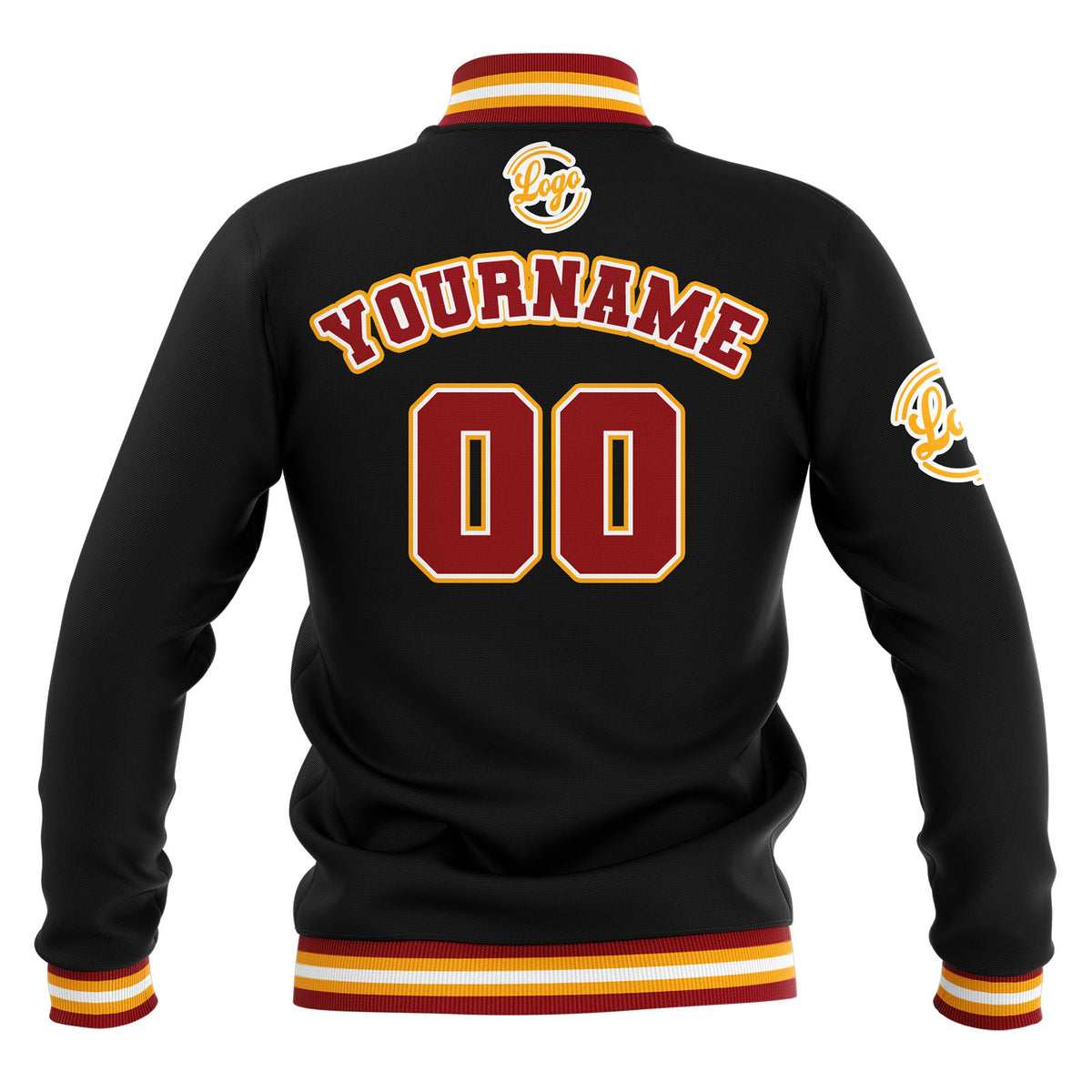 Chaquetas universitarias impermeables personalizadas en negro-rojo y amarillo con nombre-número y logotipo bordados