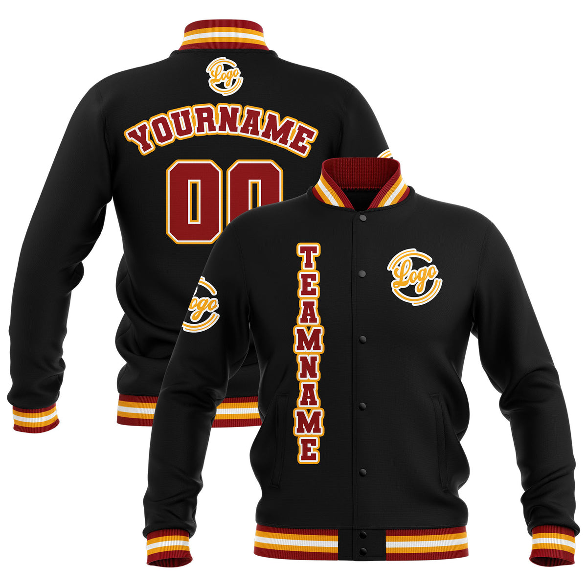 Chaquetas universitarias impermeables personalizadas en negro-rojo y amarillo con nombre-número y logotipo bordados