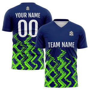 Conjunto personalizado de camiseta de uniforme azul marino y verde neón para niños y adultos