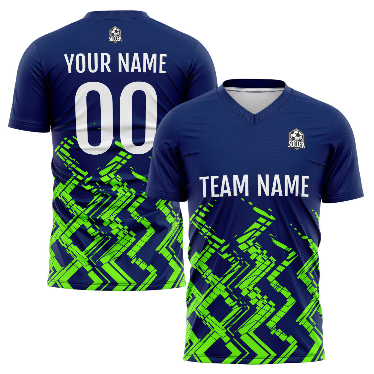 Conjunto personalizado de camiseta de uniforme azul marino y verde neón para niños y adultos