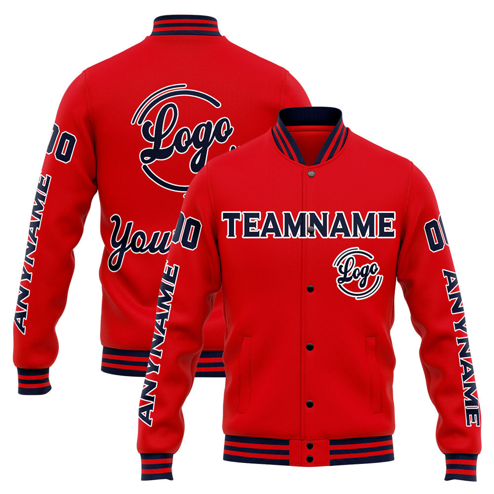 Chaqueta universitaria personalizada estilo Letterman para hombres-mujeres y jóvenes-color azul marino y rojo