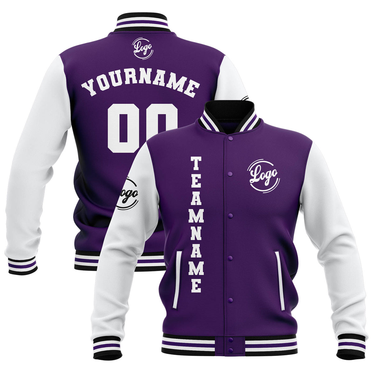 Chaquetas universitarias impermeables personalizadas en color morado-blanco y negro con nombre-número y logotipo bordados a medida