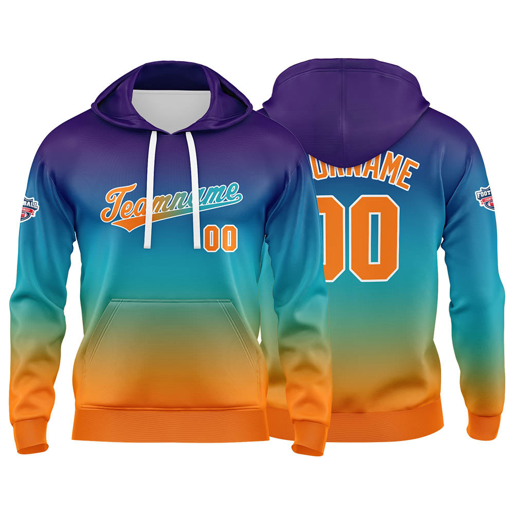 Sudadera con capucha personalizada con degradado para hombre-mujer-niña o niño Estampa tu logotipo-nombre o número en azul claro y naranja
