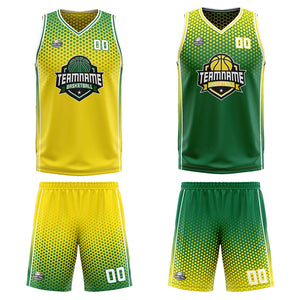 Traje de baloncesto reversible amarillo y verde personalizado para adultos y niños
