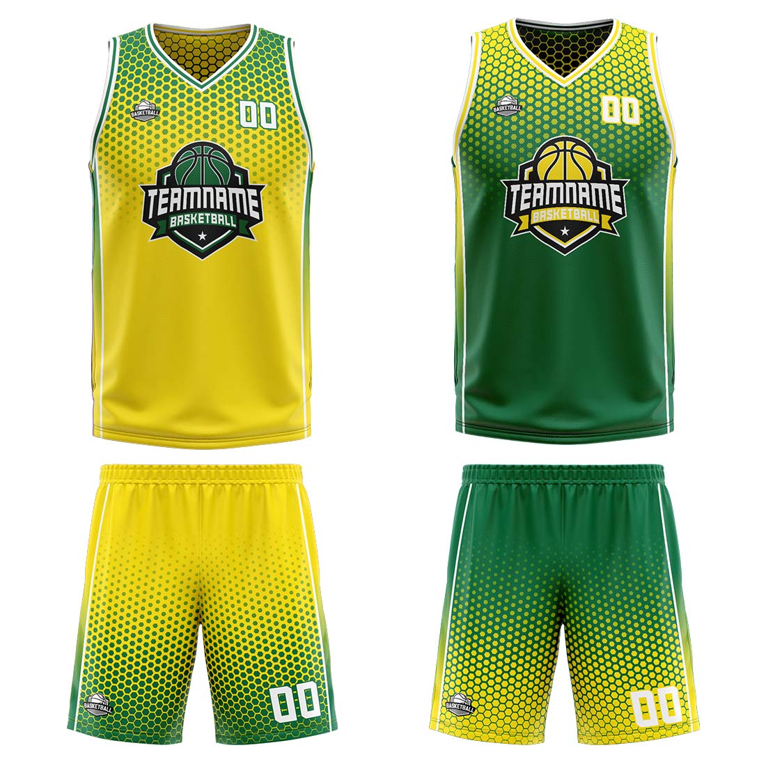 Traje de baloncesto reversible amarillo y verde personalizado para adultos y niños