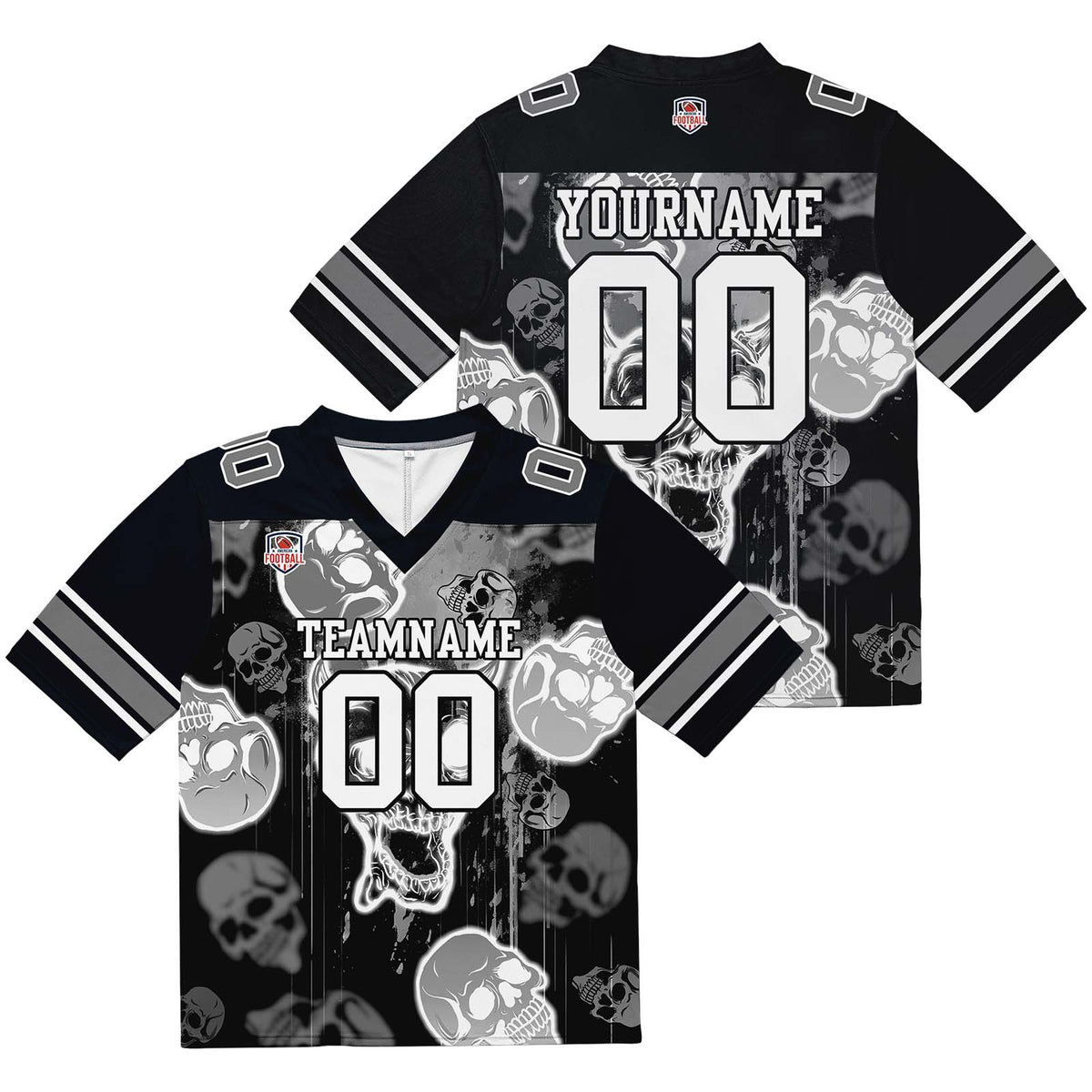 Camiseta de fútbol personalizada con nombre y número del equipo impresos y bordados-estilo grafiti con calavera -Gris