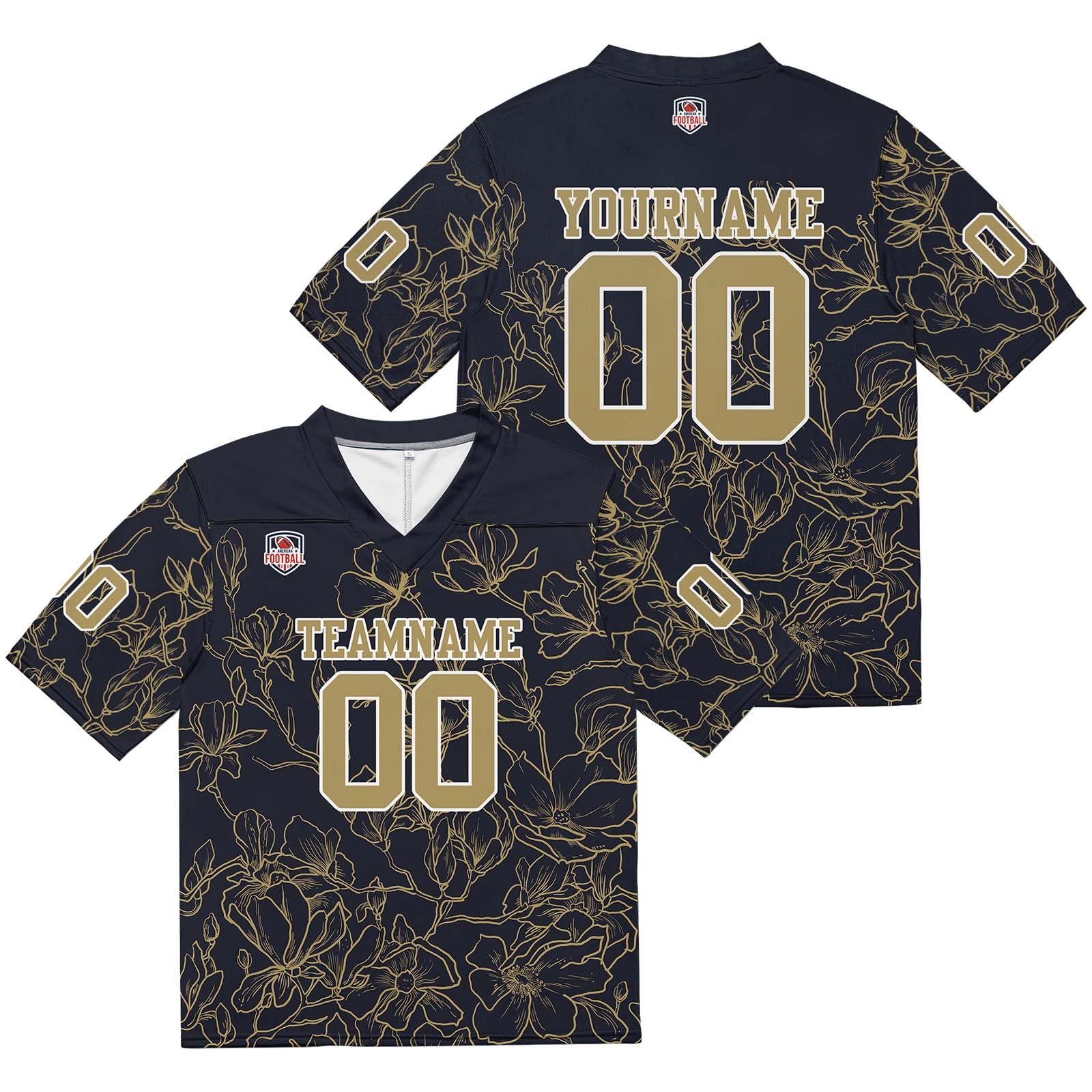 Camiseta de fútbol personalizada con nombre y número del equipo bordados-color negro y dorado
