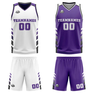 Traje de baloncesto reversible personalizado blanco-morado y negro para adultos y niños