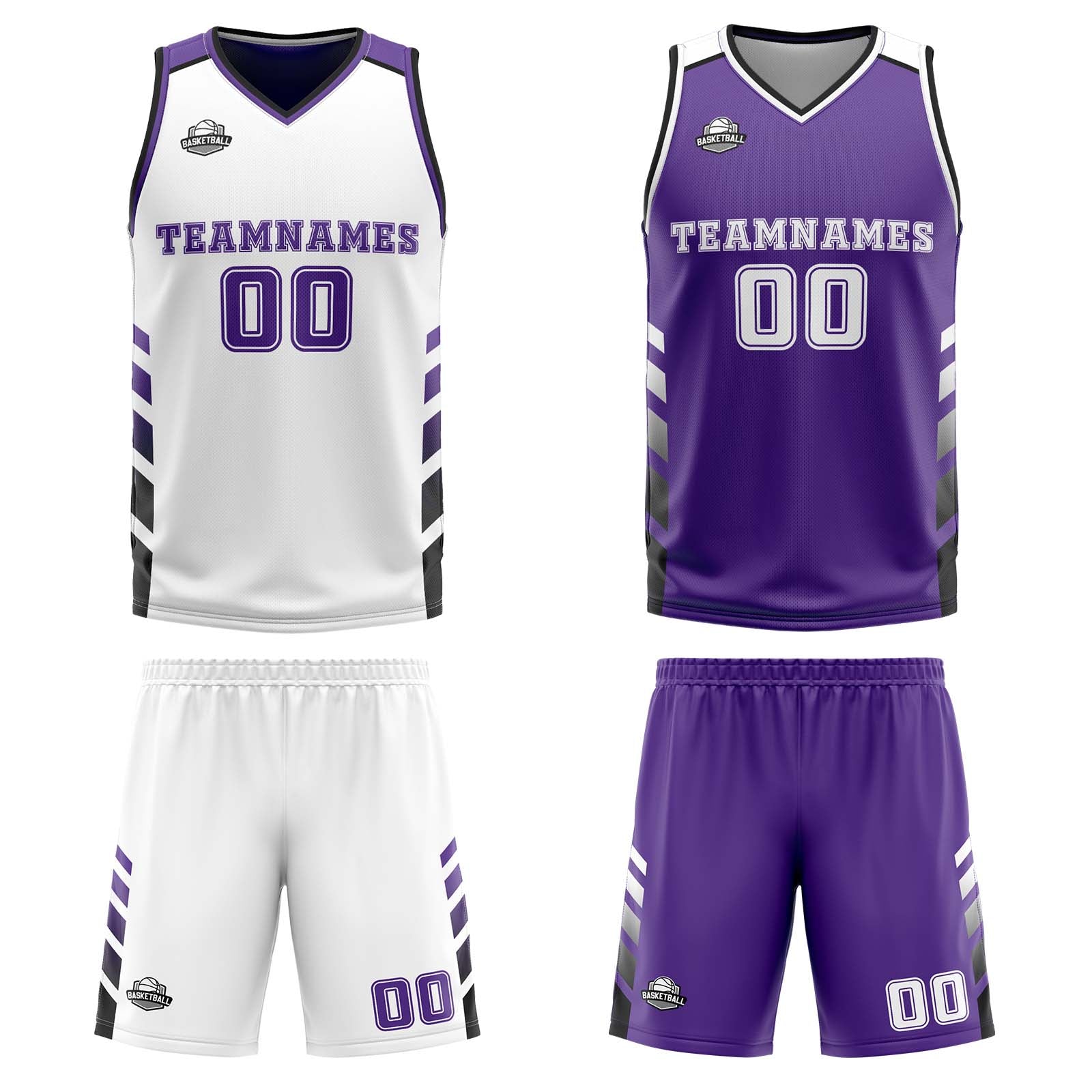 Traje de baloncesto reversible personalizado blanco-morado y negro para adultos y niños