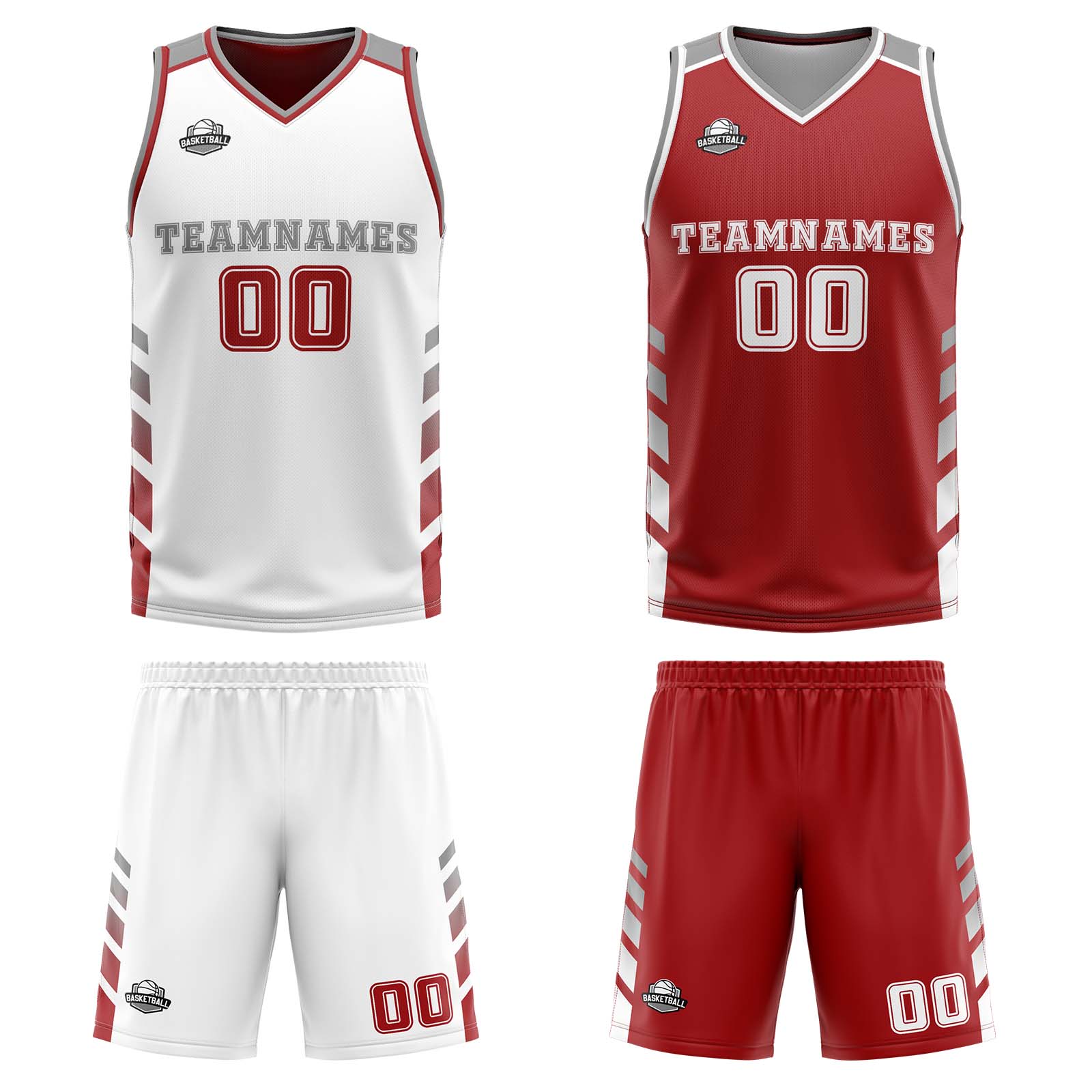 Traje de baloncesto reversible personalizado blanco-rojo y gris para adultos y niños