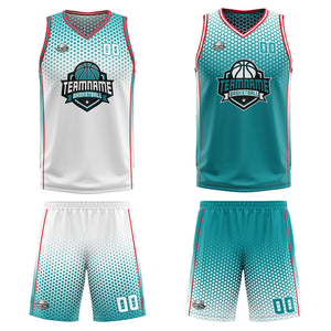Traje de baloncesto reversible blanco-cian y rojo personalizado para adultos y niños