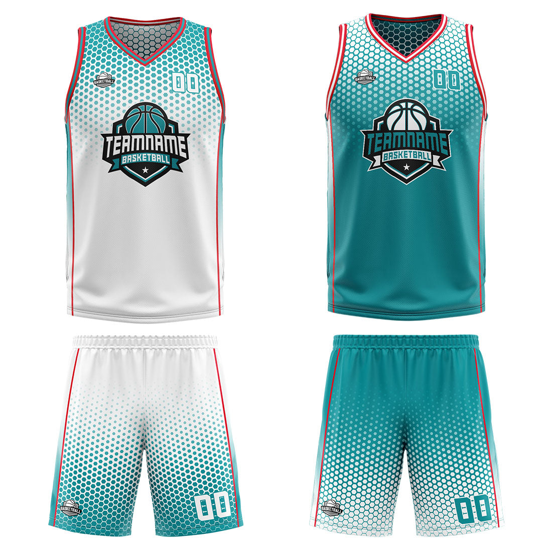 Traje de baloncesto reversible blanco-cian y rojo personalizado para adultos y niños