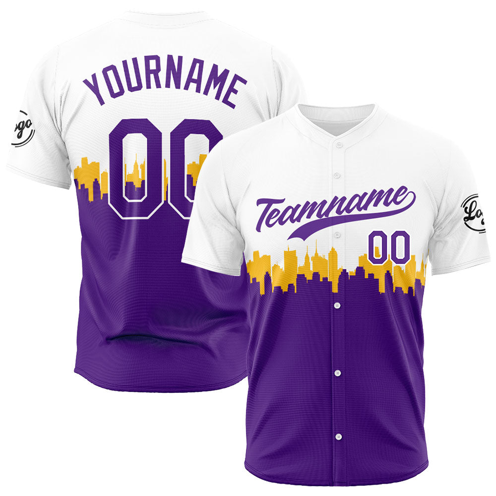 Camiseta de béisbol con dise?o personalizado estampado completo color morado y blanco