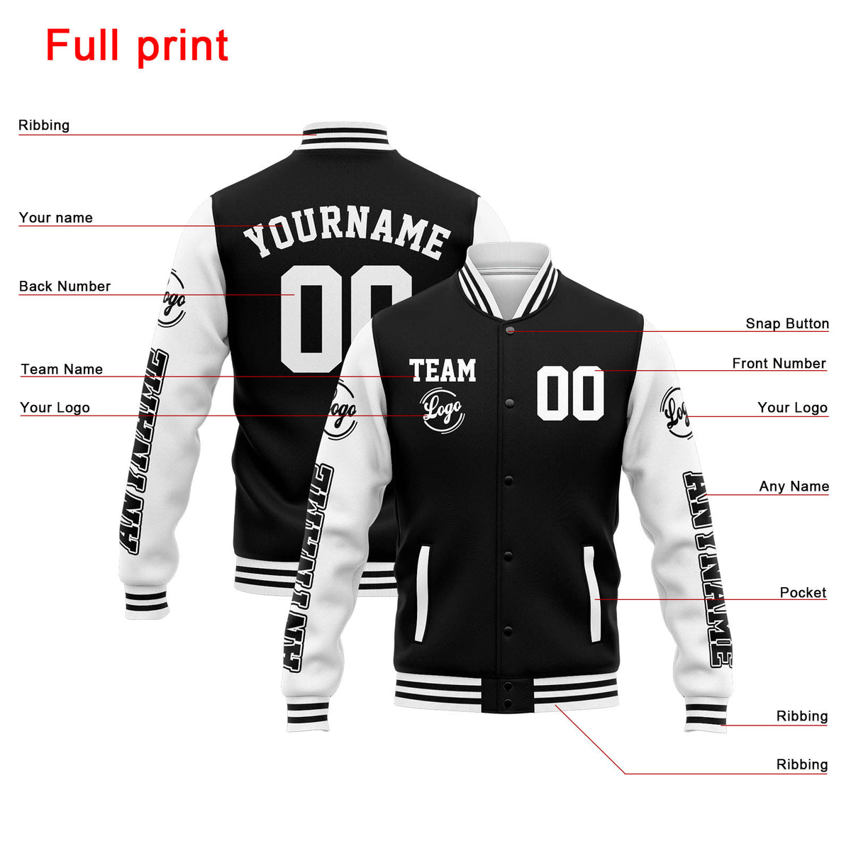 Chaqueta universitaria personalizada estilo Letterman para hombres-mujeres y jóvenes-color negro y blanco