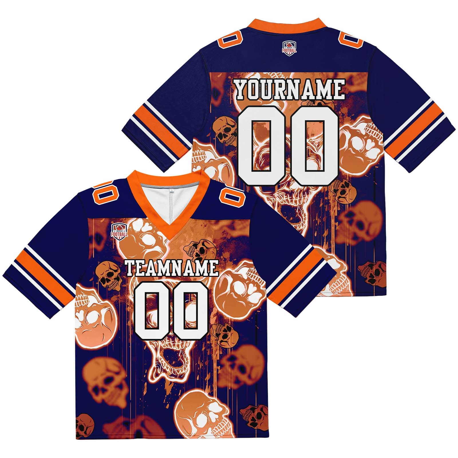 Camiseta de fútbol personalizada con nombre y número del equipo bordados y estampado de calavera estilo grafiti -Naranja