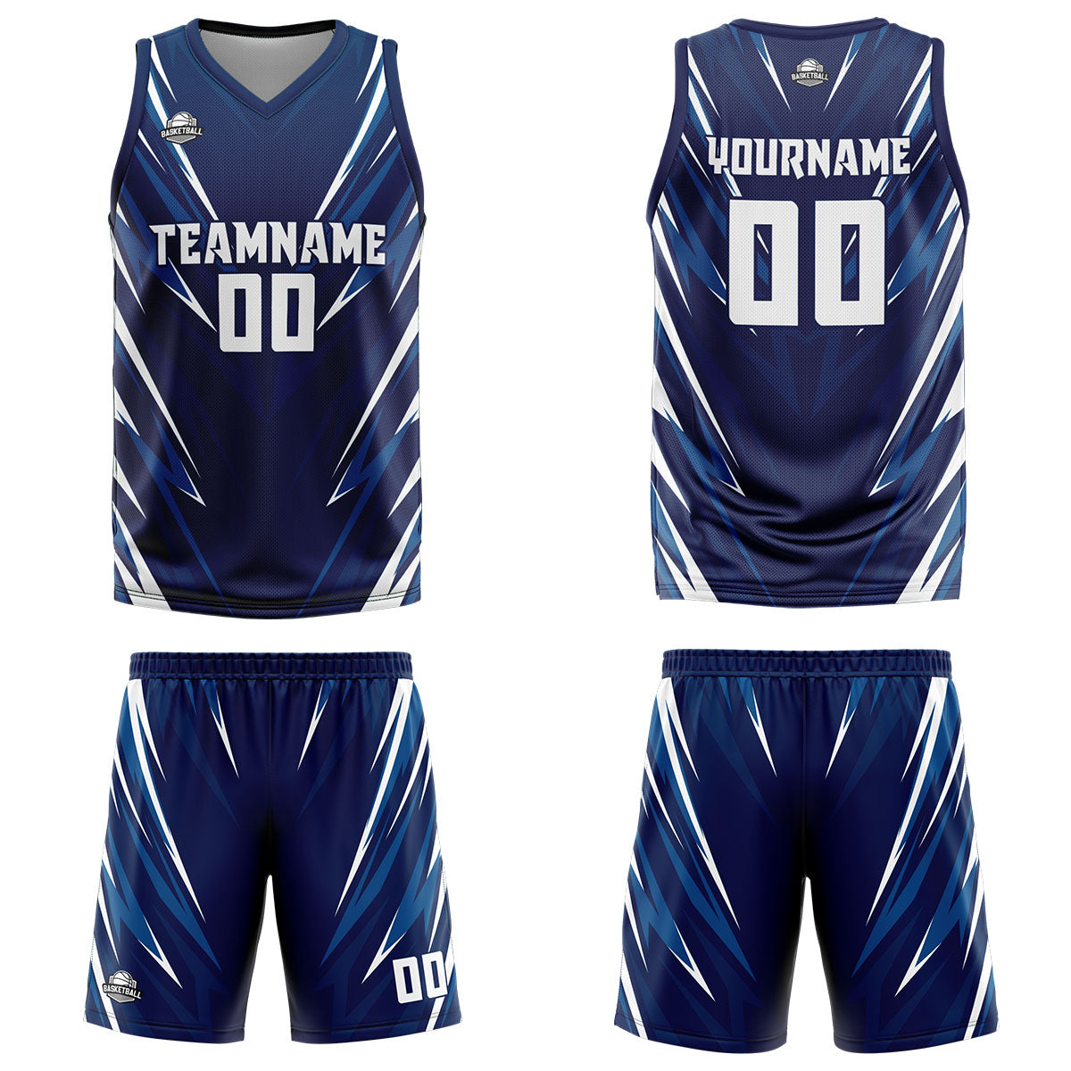 Uniforme de baloncesto triangular azul oscuro personalizado con su logotipo-nombre y número impresos