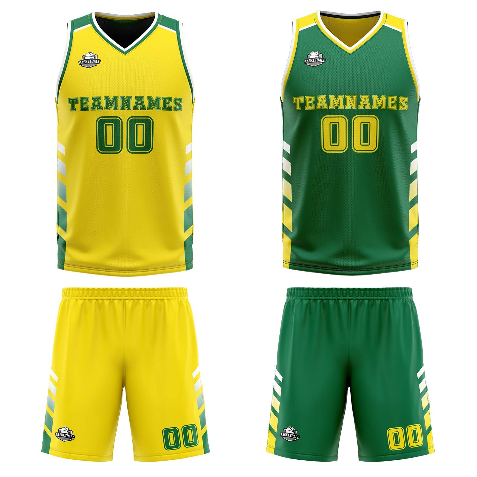 Traje de baloncesto reversible personalizado amarillo-verde y blanco para adultos y niños