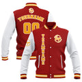 Chaquetas universitarias impermeables personalizadas en rojo-blanco y amarillo con nombre-número y logotipo bordados